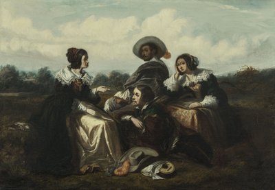 Het verhaal. Personages in Lodewijk XIII-kostuum, ca. 1830 (olieverf) door Gustave François Morin
