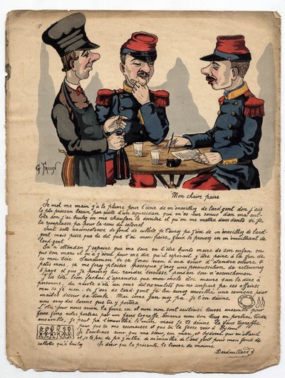 Een absurde brief van een soldaat aan zijn vader, met spelfouten en grammaticale fouten, over geld en familie. Tekening door Gustave Frison in 