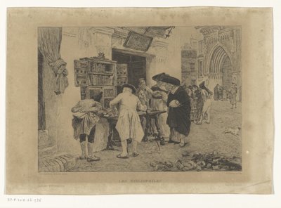 Mannen verzameld rond de uitstalling van een boekhandelaar door Gustave Marie Greux