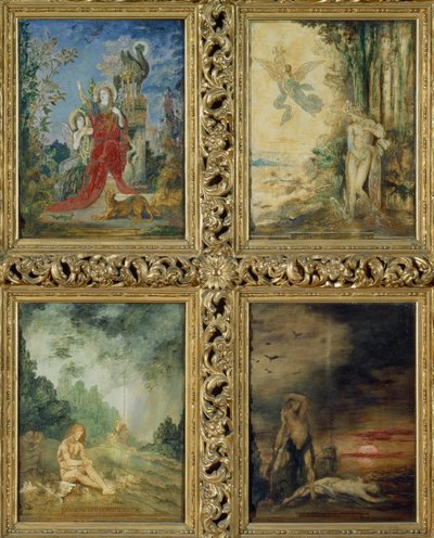 Mensheid: van boven naar beneden, twee scènes die het Zilveren Tijdperk vertegenwoordigen door Orpheus; twee scènes die het IJzeren Tijdperk vertegenwoordigen door Kaïn en Abel (detail) door Gustave Moreau