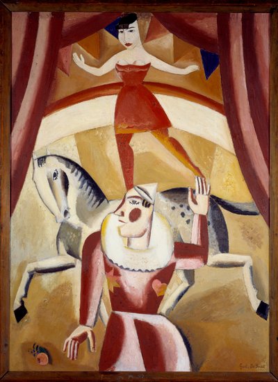 Circus III Een acrobaat, een ruiter in balans op een paard en een clown op een circuspiste die een show geven door Gustave de Smet