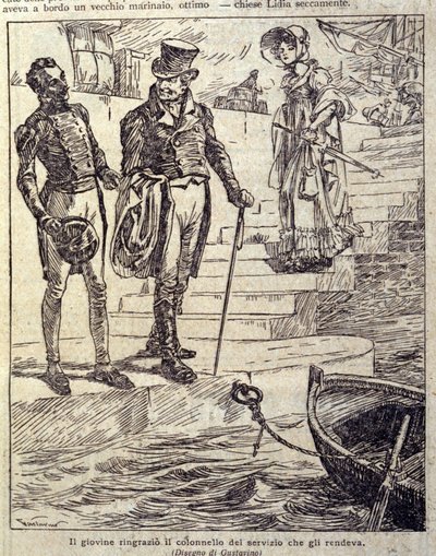 De jonge man bedankte de kolonel voor zijn dienst... Illustratie van de nieuwe "Colomba" geschreven door Prosper Merimee. Gravure door Gustavino (Gustavo Rosso), circa 1915 door Gustavo Gustavino Rosso