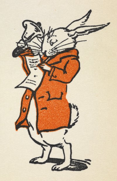 Illustratie van het Witte Konijn in een rood jasje dat een grote bel luidt en leest door Gwynedd M. Hudson