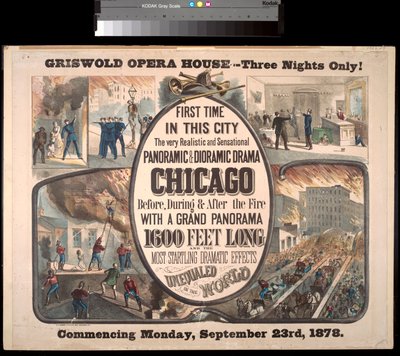 Advertentie voor een panoramisch en dioramisch drama over de brand van Chicago in 1871 in Griswold Opera House, 1878 door H.A. Thomas
