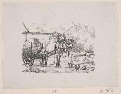 Een jongen versiert een paardentuig met groene takken door H. C. Henneberg