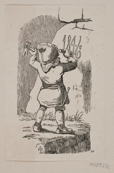 Een kabouter hakt het jaartal 1846 in een rots door H. C. Henneberg