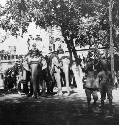 Viceregal staf en zijn dochter nemen deel aan de olifantenprocessie, Delhi, India, 1900s door H. Hands and Son
