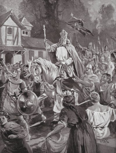 Karel de Grote keert terug naar Brussel, zijn landgoed door H. M. (after) Burton