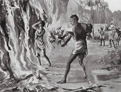 Dorpelingen verbranden zichzelf om de Pindharis te vermijden door H. M. (after) Burton