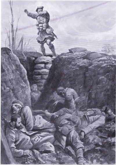 Soldaat Brown (Gordon Highlander) bombardeert de vijand in een Duitse loopgraaf vanaf de top van een barricade door H. Ripperger