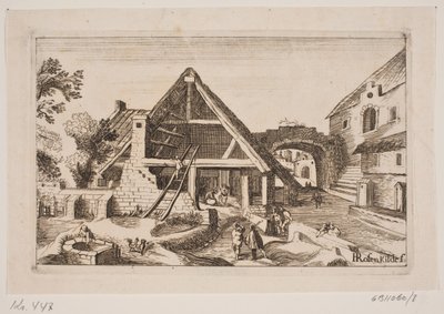 Stadsinterieur met schuur en de geboorte van Jezus door H. Rosenkilde