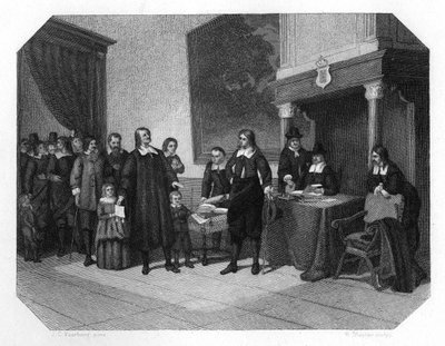 Ontvangst van de Franse protestanten in Amsterdam, eind 17e eeuw ca. 1870 door H. Sluyter