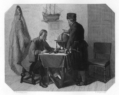 Willem Barents en Jacob van Heemskerk plannen hun route, 1596 ca. 1870 door H. Sluyter