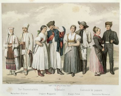 Kostuums van boeren uit (L naar R) Roemenië, Hongarije, Slowakije en Duitsland, uit 