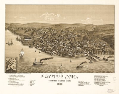 Vogelvlucht van Bayfield, Wis., de zetel van Bayfield County 1886. LOC 75696703 door H. Wellge