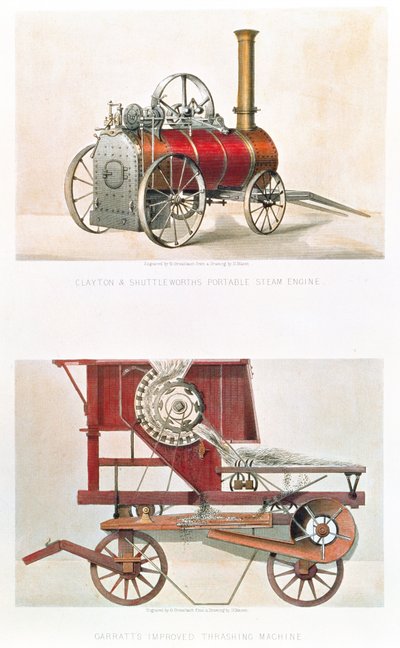 Clayton en Shuttleworths draagbare stoommachine en Garratts verbeterde dorsmachine, gegraveerd door G. Greatbach door H. after Mason