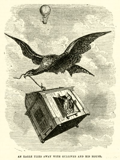 Een adelaar vliegt weg met Gulliver en zijn huis door after Hablot Knight Browne