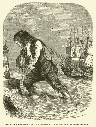 Gulliver voert de vijandige vloot van de Blefuscudians weg (gravure) door after Hablot Knight Browne