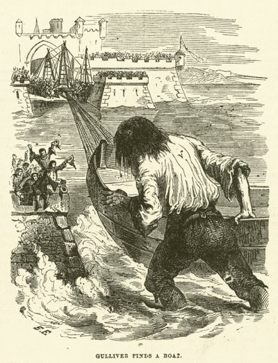 Gulliver vindt een boot (gravure) door after Hablot Knight Browne