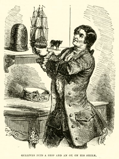 Gulliver zet een schip en een os op zijn plank (gravure) door after Hablot Knight Browne