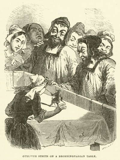 Gulliver paradeert op een Brobdingnagische tafel (gravure) door after Hablot Knight Browne