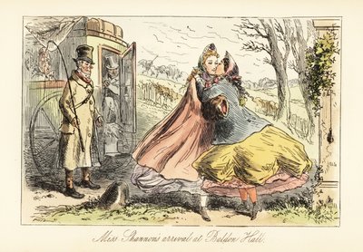 Dames in crinolines omhelzen elkaar voor een poort door after Hablot Knight Browne