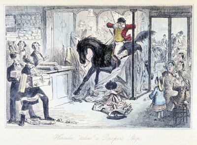 Paardenjager die per ongeluk een stoffenwinkel binnenkomt. Engelse cartoon over jagen uit "avonturen van Thomas Scott of Hawbuck Grange" illustratie door H.K. Browne en W.T. Maud. door Hablot Knight Browne