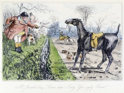 Ruiterjachtscène. Engelse cartoon over vossenjacht uit "de avonturen van Thomas Scott of Hawbuck Grange", illustratie door H.K. Browne en W.T. Maud. door Hablot Knight Browne
