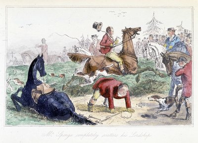 Jager valt van zijn paard. Engelse cartoon uit de avonturen van Thomas Scott of Hawbuck Grange", illustratie door H.K. Browne en W.T. Maud. door Hablot Knight Browne