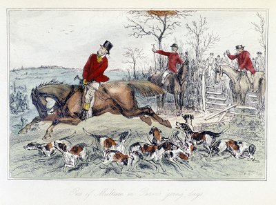 Jachtscène in "De avonturen van Thomas Scott", illustratie door H.K. Browne en W.T. Maud; Engelse cartoon over vossenjacht. door Hablot Knight Browne
