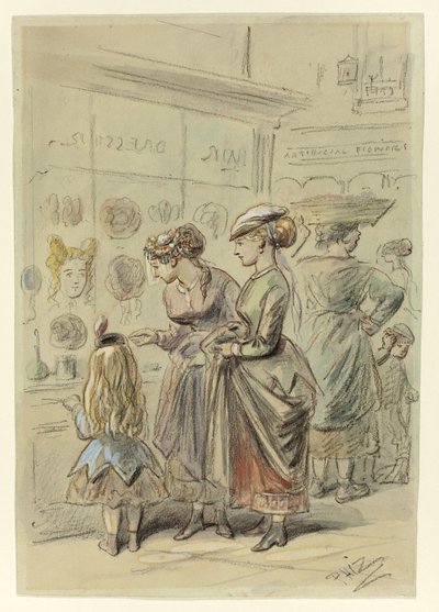 Twee dames en klein meisje voor kapperszaak door Hablot Knight Browne