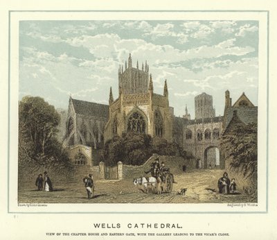 Kathedraal van Wells, zicht op het kapittelhuis en de oostelijke poort, met de galerij naar de Vicar