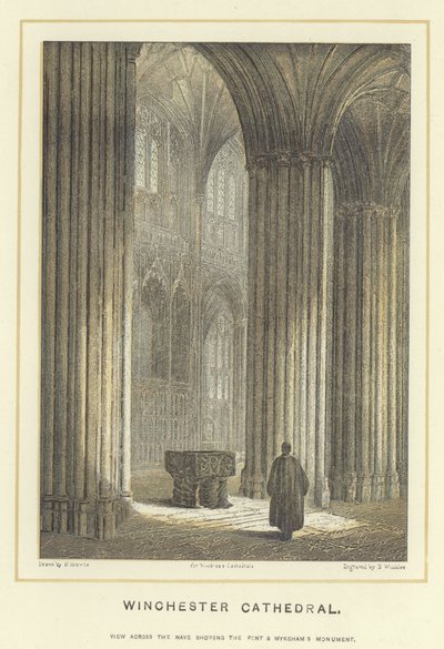 Winchester Cathedral, uitzicht over het schip met zicht op het front en het monument van Wykeham door Hablot Knight Browne