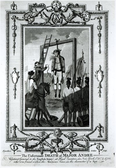 De ongelukkige dood van majoor Andre, adjudant-generaal van het Engelse leger, in het hoofdkwartier in New York, 2 oktober 1780, gegraveerd door John Goldar door Hamilton
