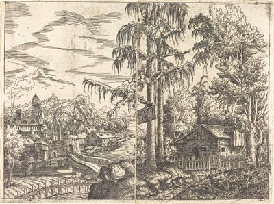 Landschap met Uitzicht op een Boerenhuisje en een Stad bij een Rivier door Hanns Lautensack