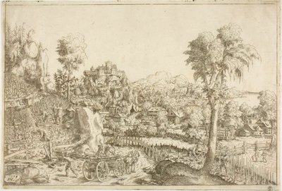 Landschap met een wijngaard, in het midden een wagen geladen met palen door Hanns Lautensack