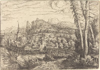 Uitzicht op een stad bij een rivier door Hanns Lautensack