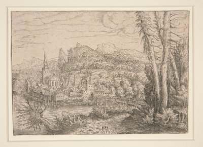 Uitzicht op een stad bij een rivier door Hanns Lautensack