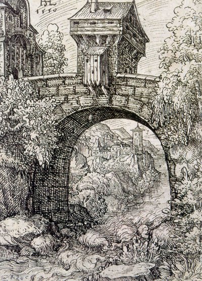 Platteland met brugpoort en water door Hanns Sebald Lautensack