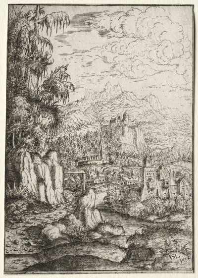 Landschap met een weg naar een kasteel op een eiland in een rivier, 1554 door Hanns Sebald Lautensack