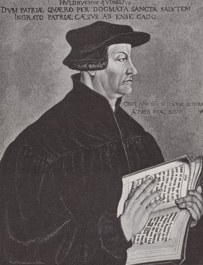 Huldrych Zwingli, leider van de Reformatie in Zwitserland (gravure) door Hans (after) Asper