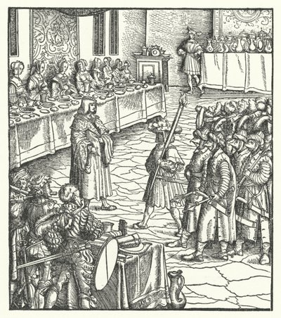 Aartshertog Maximiliaan van Oostenrijk regisseert een mummenspel door Hans (after) Burgkmair