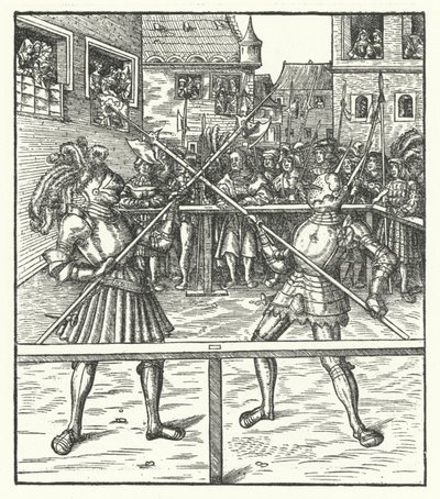 Aartshertog Maximiliaan van Oostenrijk vechtend te voet met een hellebaard (gravure) door Hans (after) Burgkmair