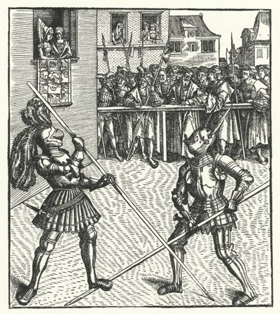 Aartshertog Maximiliaan van Oostenrijk vechtend te voet met een lans door Hans (after) Burgkmair