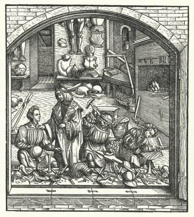 Aartshertog Maximiliaan van Oostenrijk bezoekt een wapensmid door Hans (after) Burgkmair