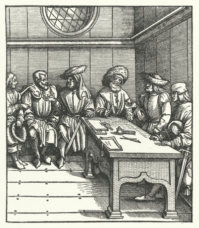Raad van Vlaamse boeren in opstand tegen het bewind van aartshertog Maximiliaan van Oostenrijk door Hans (after) Burgkmair