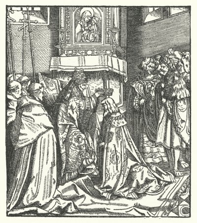 Paus Nicolaas V kroont Frederik III tot Heilige Roomse Keizer in Rome door Hans (after) Burgkmair