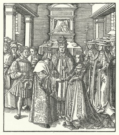 Paus Nicolaas V zit de bruiloft voor van de Heilige Roomse Keizer Frederik III en Eleonora van Portugal in Rome door Hans (after) Burgkmair