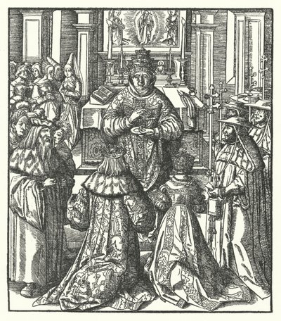 De Heilige Roomse Keizer Frederik III en de keizerin Eleonora ontvangen de Heilige Communie van de paus door Hans (after) Burgkmair