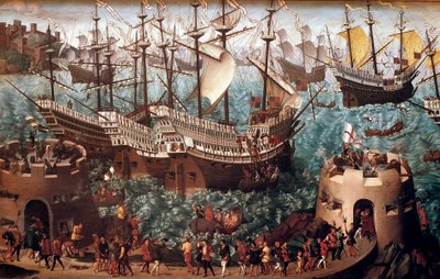 Inscheping van Hendrik VIII in Dover op de galjoen Henri Grace a Dieu ter gelegenheid van het verdrag met François I op 7/06/1520 door Hans (after) Holbein the Younger